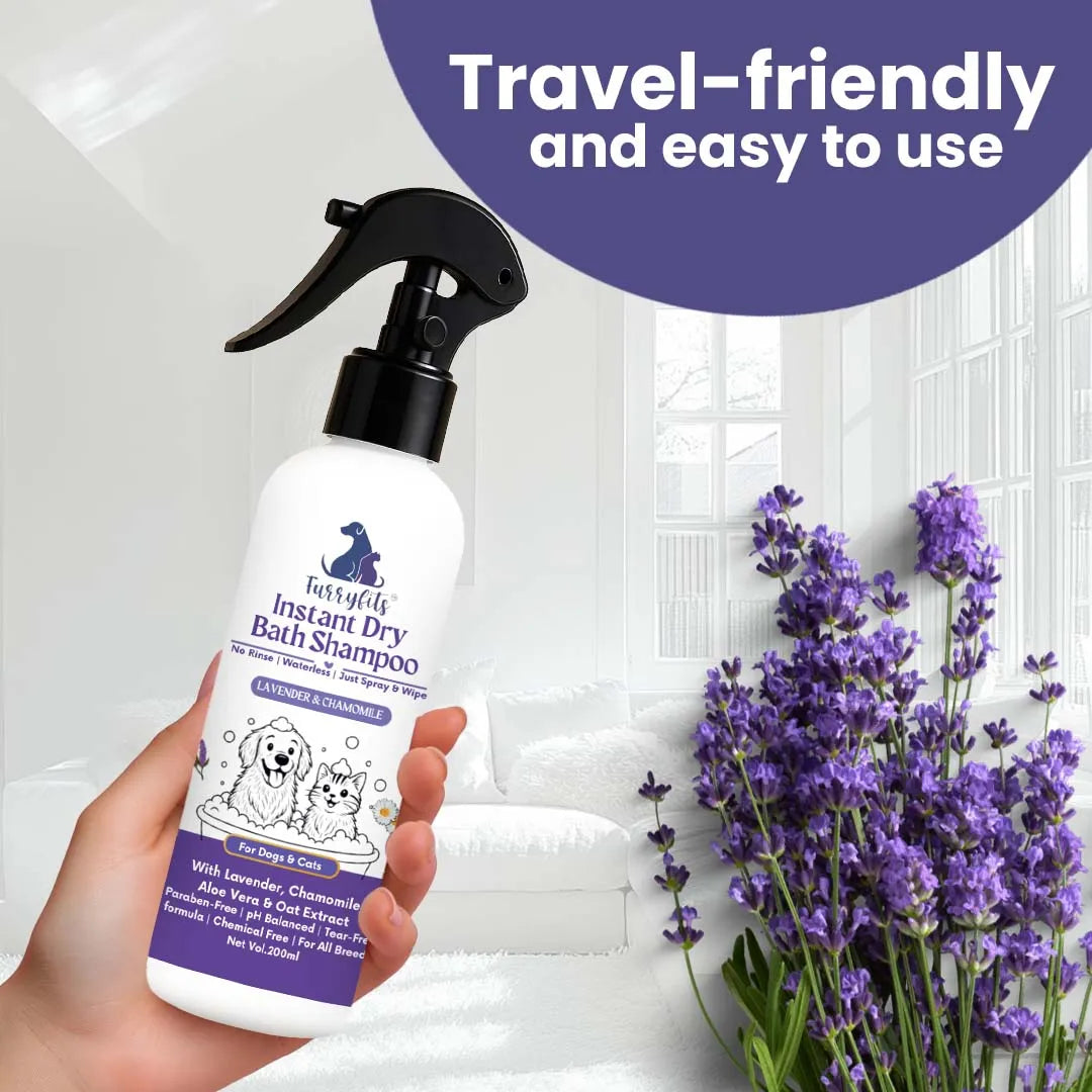 Furryfits No-Rinse Instant Dry Bath Shampoo Spray for Dogs & Cats - Lavender & Chamomile, Waterless 200 ml