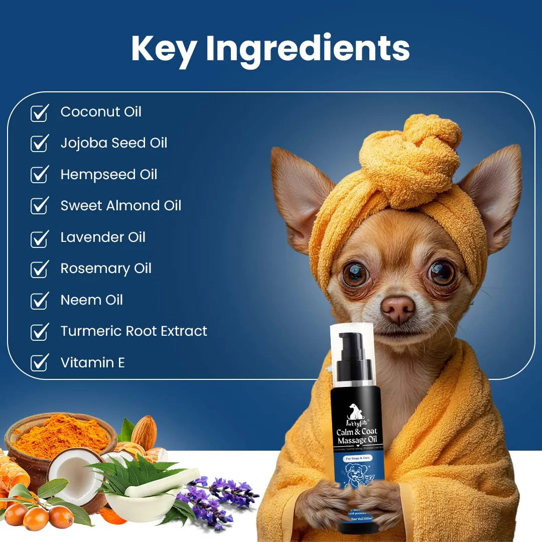 Furryfits Calm & Coat Massage Oil for Dogs & Cats - Ayurvedic Cold-Pressed Blend, 100 ml