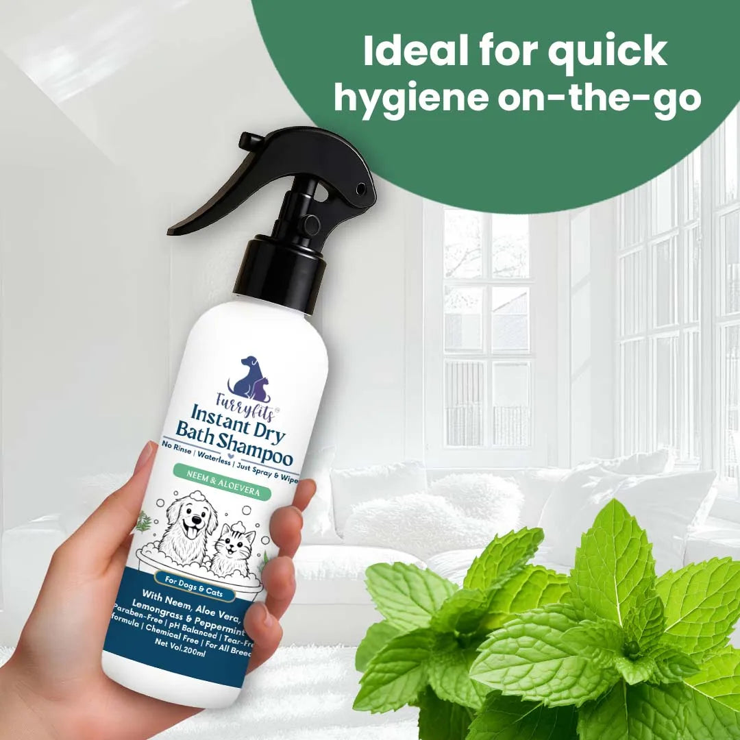 Furryfits No-Rinse Instant Dry Bath Shampoo Spray for Dogs & Cats - Neem & Aloe Vera, Waterless 200 ml