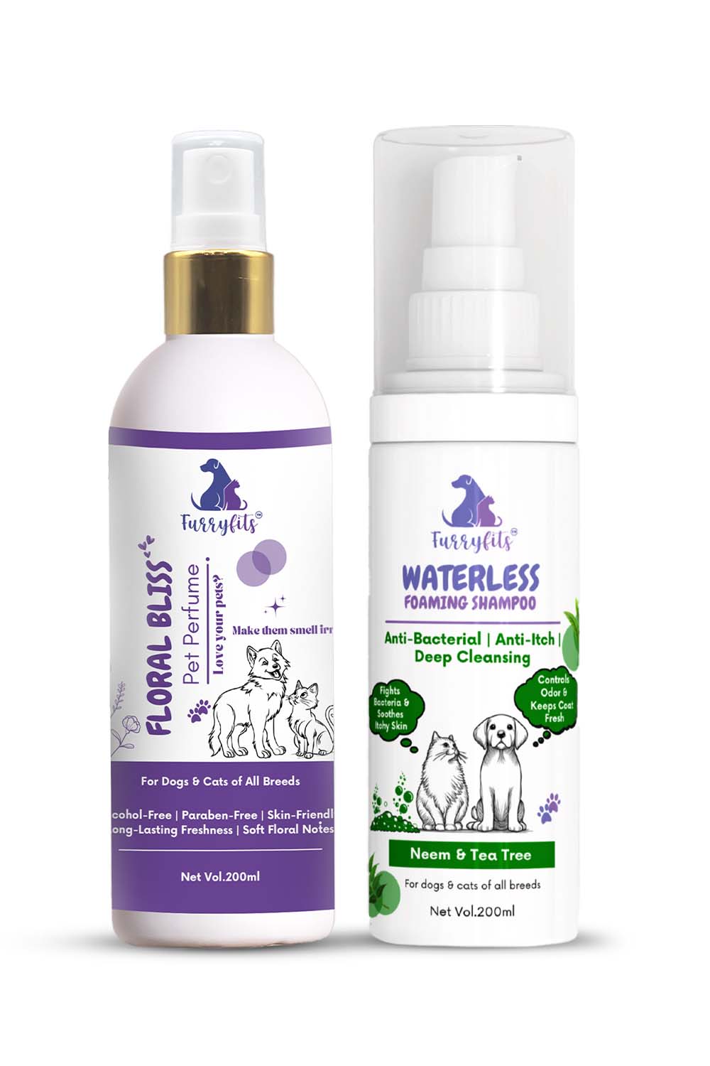 Pet Perfume & Waterless Shampoo Combo – Neem Clean + Floral Bliss