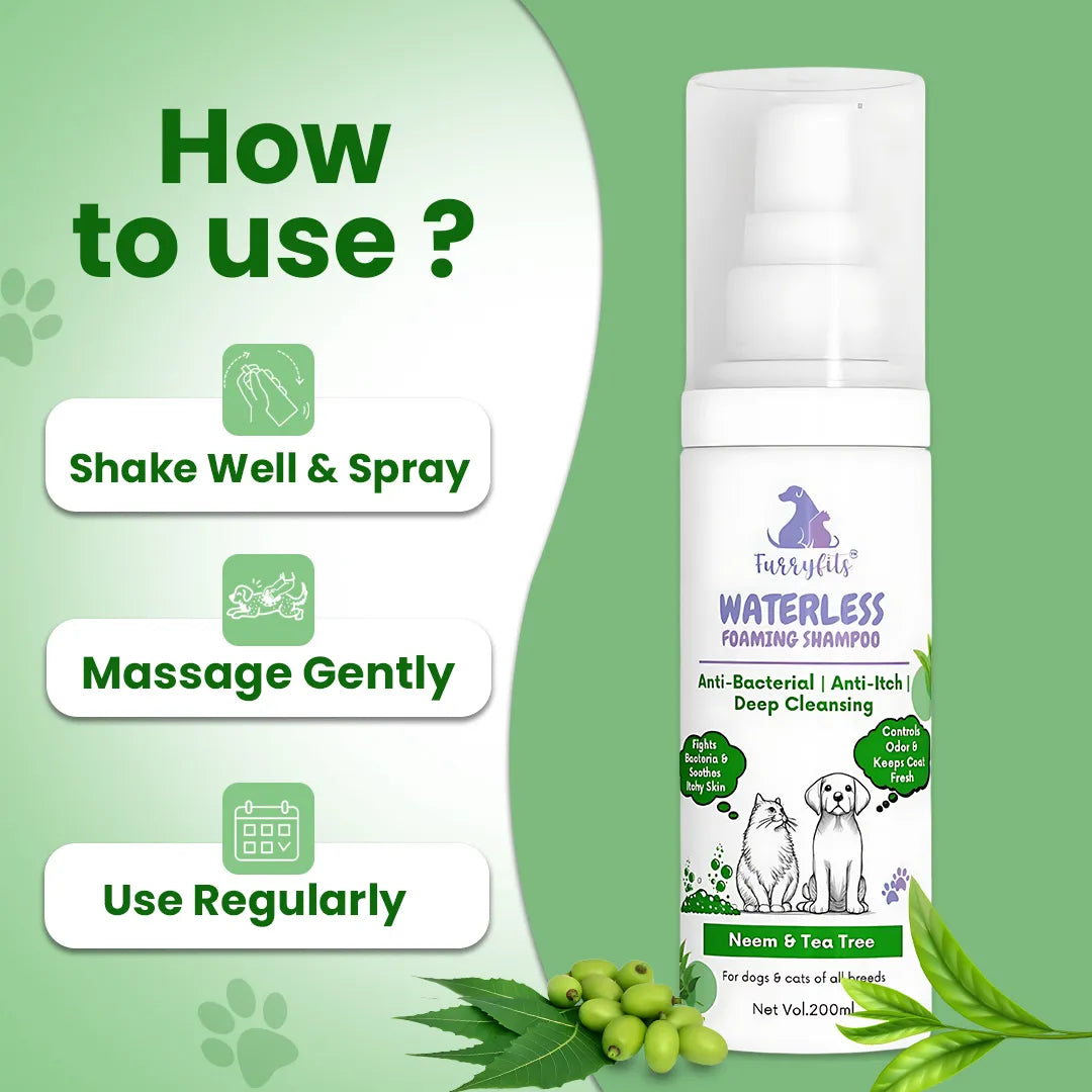 FurryFits Neem & Tea Tree Waterless Shampoo - No-Rinse Foam Shampoo