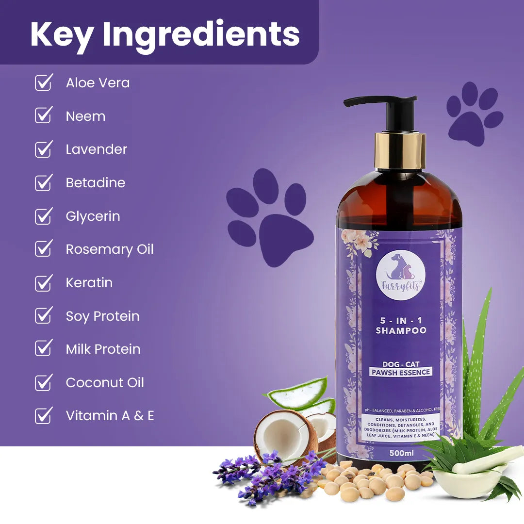 FurryFits 5 in 1 Grooming Pet Shampoo - Natural Care for Dogs & Cats | 200ml/500ml