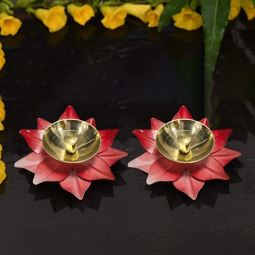 Brass Diyas for Puja – Lotus Lamps for Home & Diwali Decoration, Akhand Jyoti Stand with Gift Cover, 5 inches Kamal Design Pooja Oil & Camphor Diya (Pack of 2)