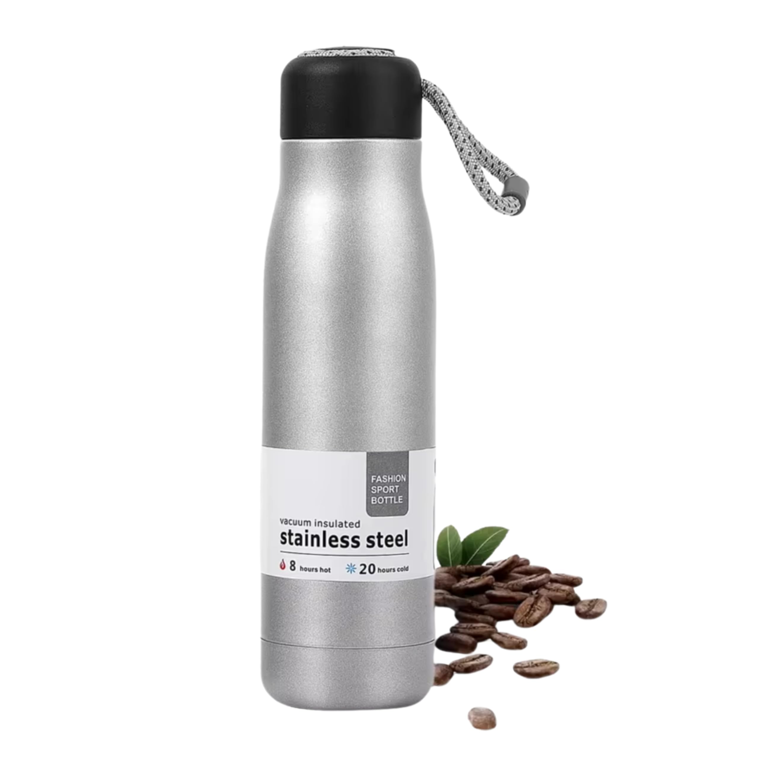JIKRA Thermos Coffee Insulated Water Bottle 510 ml Silver | Stainless Steel Vacuum Travel Mug Tumbler with Rope Handle | Leak Resistant, Double Wall Hot and Cold Coffee Cup for Office, Home, Travel