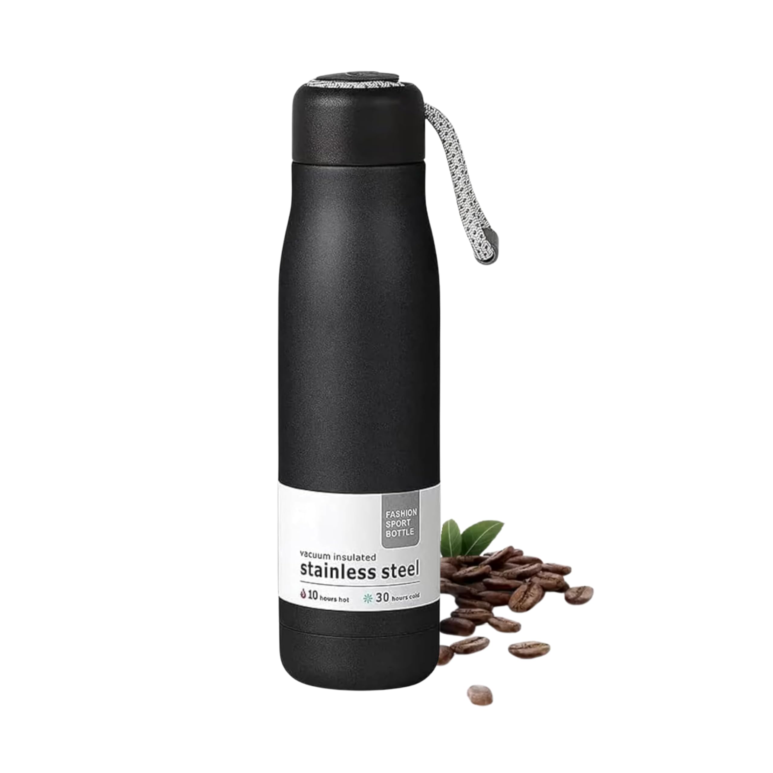 JIKRA Thermos Coffee Insulated Water Bottle 510 ml Black | Stainless Steel Vacuum Travel Mug Tumbler with Rope Handle | Leak Resistant, Double Wall Hot and Cold Coffee Cup for Office, Home, Travel
