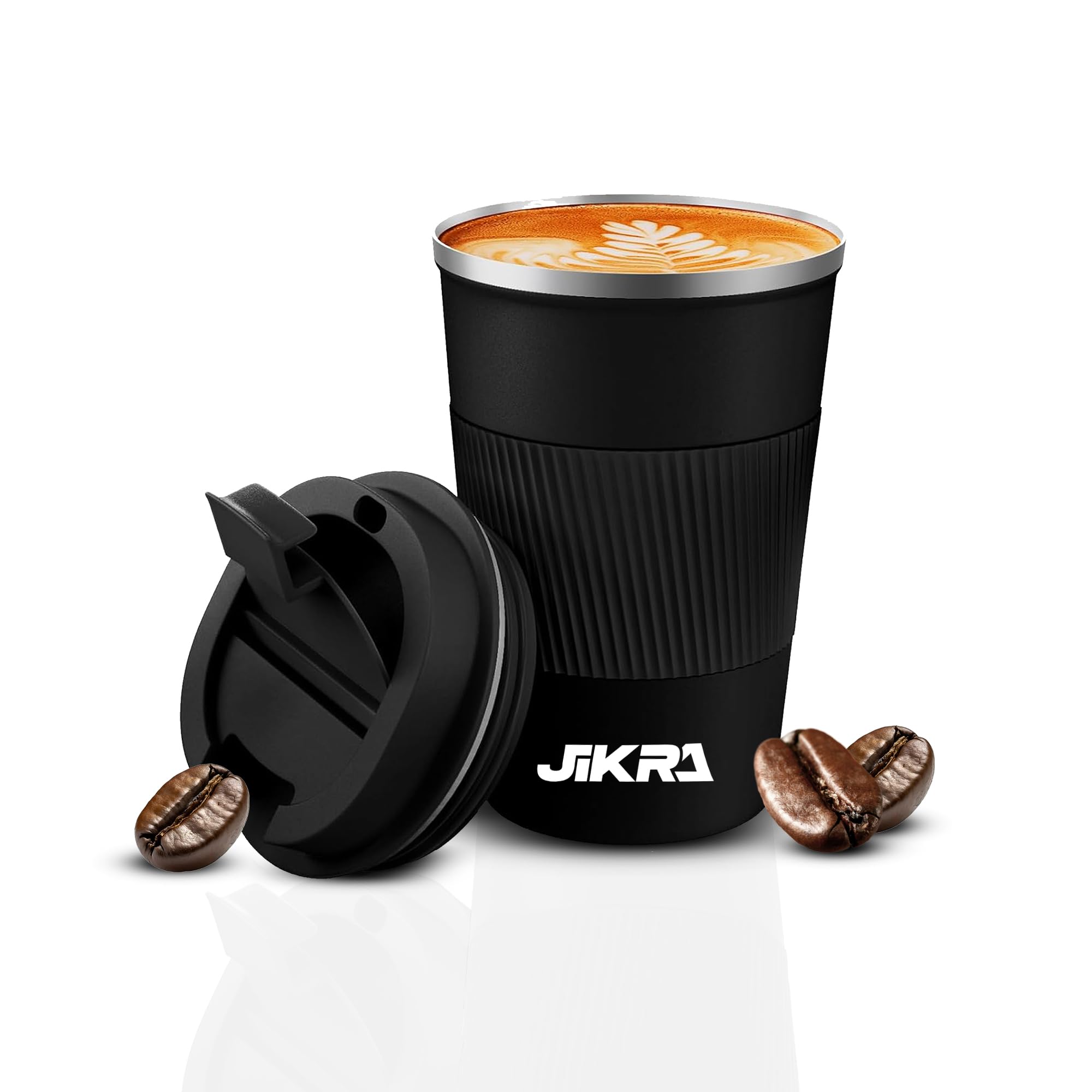 JIKRA Insulated Travel Coffee Mug with Lid, Stainless Steel Tumbler, Leak-Proof, for Office & Car, Keeps Drinks Hot/Cold, *380 ml - Black*